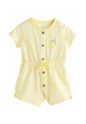 Barboteuse bébé rayée jaune et blanche avec manches courtes, boutons devant, ceinture à nouer à la taille et motif citron sur la poche poitrine.
