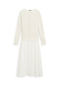 Langärmliges, creamfarbenes Kleid mit einem strukturierten Oberteil und gerafftem Rock. Es hat einen Knopfverschluss auf der Rückseite und einen runden Ausschnitt.