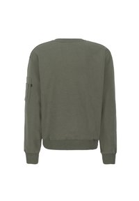 Felpa verde in cotone con scollo rotondo, polsini e orlo a costine. Presenta una tasca con patta sulla manica sinistra.