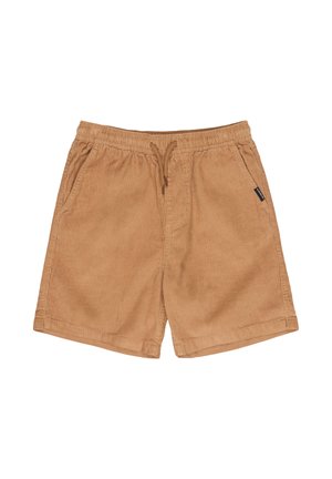 Light brown corduroy shorts with elastic waistband, drawstring, front pockets, and a small black brand tag on the right pocket.