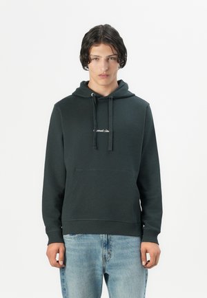 Dark green hoodie made of cotton-blend fabric. Features a front pocket, adjustable drawstring hood, ribbed cuffs, and embroidered logo.