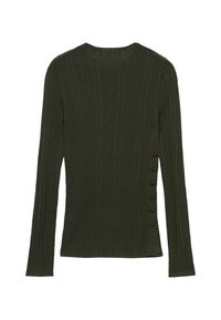 Haut côtelé à manches longues de couleur vert foncé, présentant un col rond et une rangée de six boutons sur le côté comme détail distinctif. Texture douce avec une coupe ajustée.