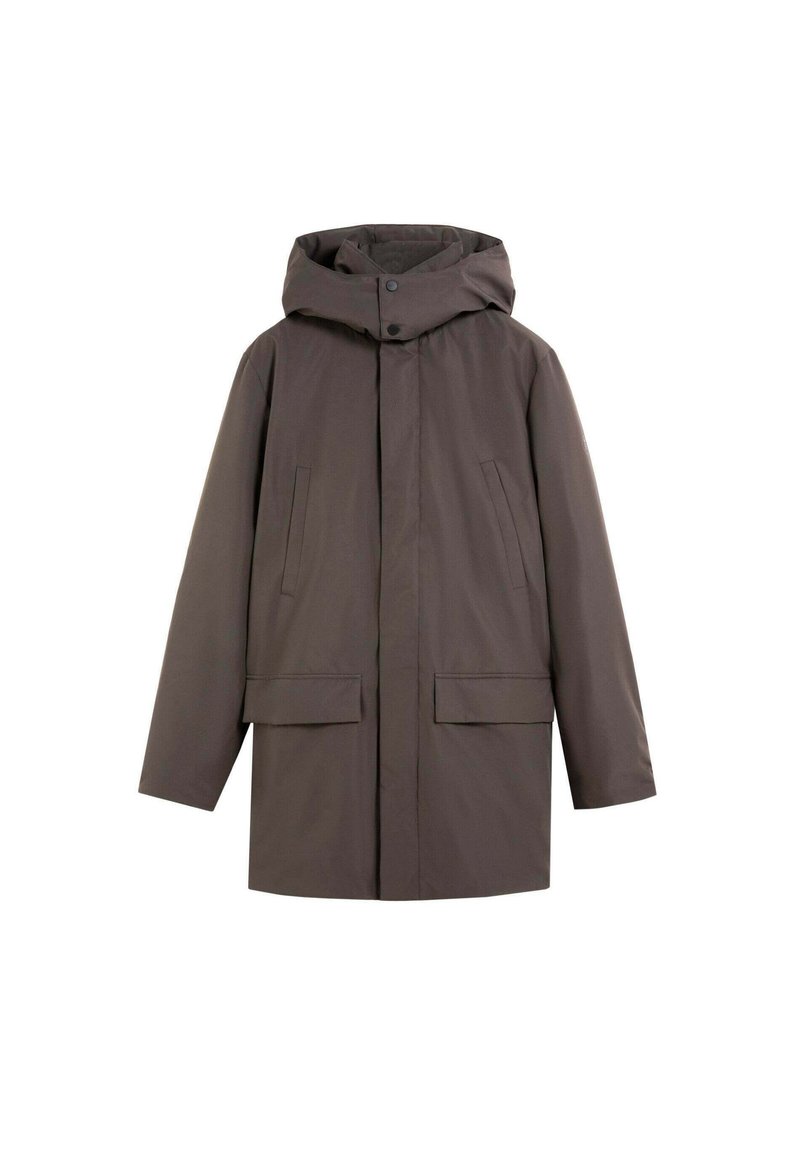 Parka con capucha de color marrón oscuro, con botones a presión en el frente, cremallera oculta, dos bolsillos laterales y dos bolsillos con solapa en la cintura.