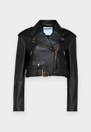 Black leather cropped biker jacket featuring a notched collar, gold zippers, side pockets, and a belted waist with adjustable hardware.