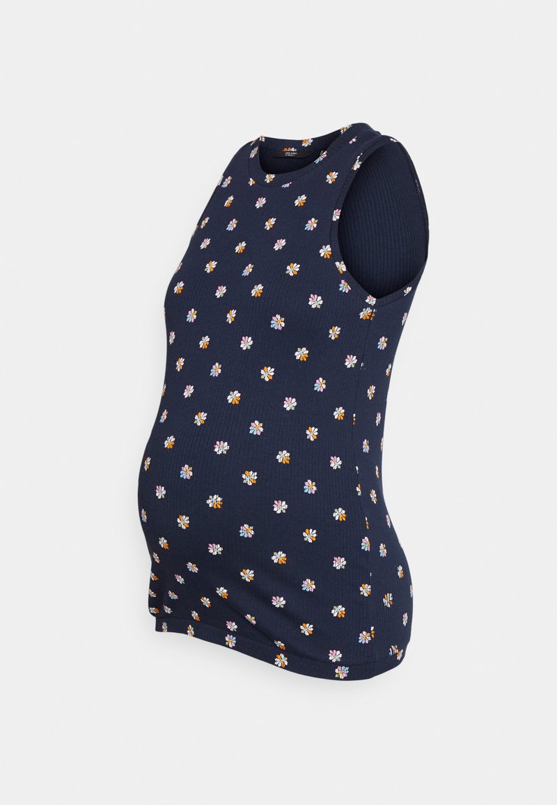 Top de maternidade sem mangas em azul marinho com uma textura canalizada, apresentando pequenos padrões florais em branco, rosa e laranja por toda a peça.