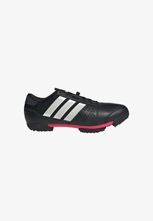 Black low-profile athletic shoe with three silver stripes, perforations near the toe, and a pink accent on the sole.