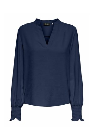 Blouse à manches longues bleu marine avec un col en V, un col montant et des manches élastiquées smockées avec un bord volanté.