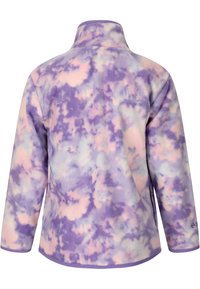 Lilla og pastelfarvet pink tie-dye fleecejakke med høj krave, lange ærmer og glat tekstur. Har sideslids i kanten.