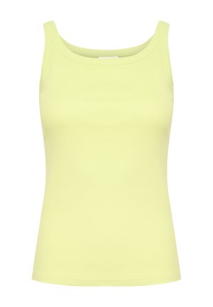 Heled kollane tank-top ribatud kangast. Omab ümmargust kaelust ja kitsaid õlgu. Üksikasjalik disain sujuva tekstuuriga.