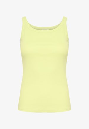 Heled kollane tank-top ribatud kangast. Omab ümmargust kaelust ja kitsaid õlgu. Üksikasjalik disain sujuva tekstuuriga.