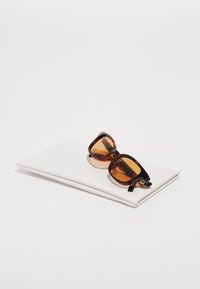 Ochelari de soare cu rame din scoică de țestoasă și lentile maronii, cu rame mari, dreptunghiulare, așezati pe un pachet alb neted, cu un design elegant și plat.