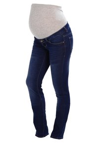 Pantalones vaqueros de maternidad en denim azul oscuro, con un panel elástico de jersey gris en la cintura, diseño ajustado y detalles de costura sutiles.