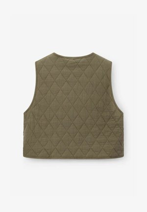 Gevoerde vest in olijfgroen, met een ruitpatroon, mouwloos ontwerp en een ronde hals. Gelaagd stof met een gladde afwerking.