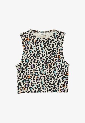 Ärmelloses Cropped Top im Leopardenmuster in Creme, mit bunten Flecken in Schwarz, Orange, Blau und Lila auf geripptem Stoff. Rundhalsausschnitt.