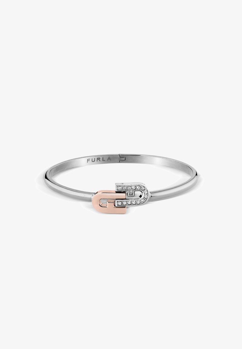 Srebrna zapestnica z rose gold poudarkom, ki ima dizajn z dvema zankama, okrašena s prozornimi kristali. V notranjosti je vgravirano ime blagovne znamke.