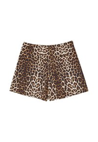 Leopardenmuster-Shorts mit einem braunen und beigen Farbschema, tailliertem Design und zwei Gesäßtaschen für zusätzlichen Detail. 