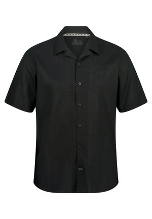 Short-sleeve black shirt made of linen, featuring a button front, a collar, and subtle logo embroidery on the chest.