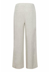 Pantalons larges beige clair avec une texture subtile, dotés d'une taille plate, de deux poches arrière et d'un design minimaliste.