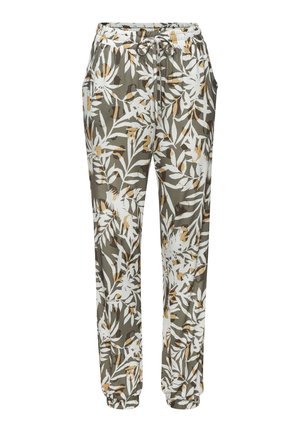 Lightweight, elastic waist trousers in olive green with a white and yellow leaf pattern. Features side pockets and tapered cuffs.