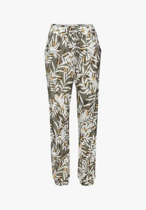 Lichte, elastische taillebroek in olijfgroen met een wit en gele bladpatroon. Bevat zijzakken en taps toelopende boorden.