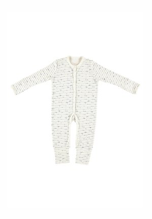 Langärmliger Baby-Overall in Creme mit marineblauen horizontalen Streifen und kleinen Fischmustern, ausgestattet mit einem Reißverschluss an der Vorderseite und Knöchelriemen.