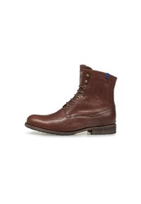 Bottes chelsea en cuir marron avec un bout arrondi, un laçage à l'avant, des œillets et une finition texturée. Présente un petit accent bleu sur le col.