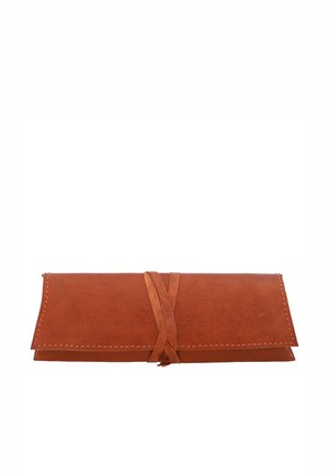 Brown leather roll-up storage pouch with stitching details and a tie closure, featuring a smooth texture and rectangular shape.