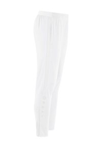 Weiße Sporthose mit einem elastischen Bund, seitlichen Mesh-Einsätzen und Knopfakzenten entlang des Unterschenkels. Glatte Stofftextur.