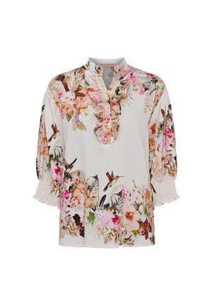 Hvid bluse med blomster- og kolibritryk, knappet front med flæser, kvartlange ærmer med smockede manchetter og en mandarin-krave.