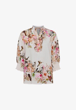Hvid bluse med blomster- og kolibritryk, knappet front med flæser, kvartlange ærmer med smockede manchetter og en mandarin-krave.