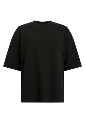 Sort bomulds t-shirt med en afslappet pasform, korte ærmer og rund hals. Glat tekstur, ingen synlige mønstre eller accenter.