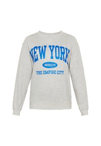 Světle šedá mikina s dlouhými rukávy, na které je modrý nápis "NEW YORK BROOKLYN THE EMPIRE CITY." Měkká tkanina z bavlněného materiálu.