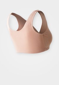 Gaiši rozā džersija krūšturis ar platām siksnām, apaļu kakla izgriezumu un bezšuvju dizainu. Mīksts materiāls ar gludu tekstūru. Minimālas šuves.