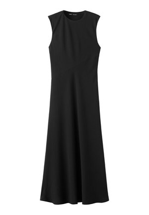 Zwart mouwloos midi-jurk met ronde halslijn en subtiel diagonaal naaddetail over de taille, effen A-lijn silhouet.