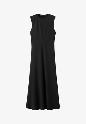 Ärmelloses schwarzes Midi-Kleid mit rundem Ausschnitt und dezentem diagonalen Nahtdetail über der Taille, schlichte A-Linien-Silhouette.