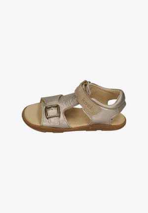 Kinderschuh mit metallisch goldener Sandale, verstellbarer Schnalle und Klettverschlüssen, gepolsterter Innensohle und Gummisohle für Komfort und Halt.