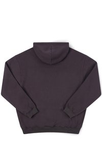 Sweat à capuche gris foncé, manches longues, poignets et ourlet côtelés, vu de dos sur un fond blanc.