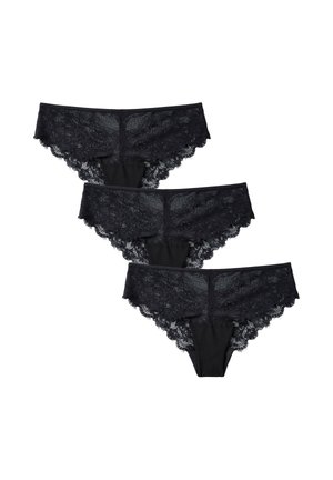 Set di biancheria intima nera in pizzo, con bordo ondulato, combinazione di pizzo trasparente e tessuto solido, con tre pezzi mostrati in un'auto impilata.