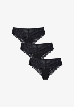 Set di biancheria intima nera in pizzo, con bordo ondulato, combinazione di pizzo trasparente e tessuto solido, con tre pezzi mostrati in un'auto impilata.