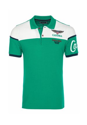 Polo verde e bianco con bordo blu scuro, colletto con bottoni, emblema alata e scritte "CARISMA" e "East to West Racing Team".