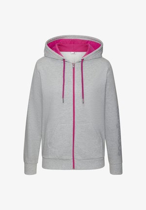 Grey zip-up hoodie with a pink interior and drawstrings. Features front pockets and text on the left sleeve. Made of soft, textured fabric.