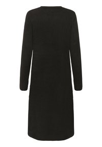 Robe longue noire à manches longues en tissu tricot doux. Présente un col rond et des poignets côtelés, avec une coupe droite tombant à mi-mollet.