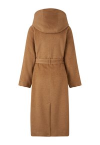 Lang kamelbrun uldfrakke med hætte og matchende bælte, vist bagfra med lange ærmer og slids midt på ryggen.