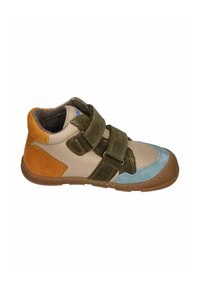 Beige leather shoe with blue, orange, and green fabric accents. Features Velcro straps, textured fabric, and a brown rubber sole.
