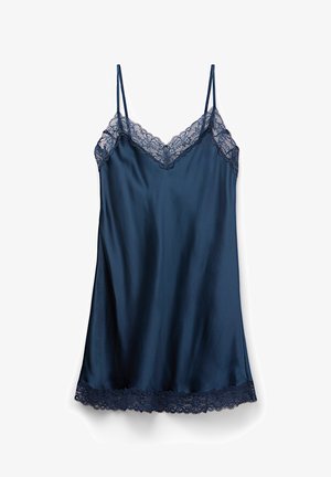 Marineblaues Satin-Nachthemd mit verstellbaren Trägern, das mit einer Spitzenborte am Ausschnitt und Saum verziert ist. Glatte Textur, eleganter Schnitt und feminines Design.