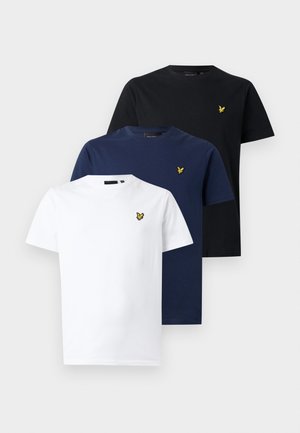 Drei einfarbige Rundhals-T-Shirts in Weiß, Navy und Schwarz, jeweils mit einem kleinen gelben Vogel-Emblem auf der linken Brust.
