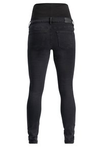 Jeans skinny neri con vita alta, realizzati in denim. Presentano due tasche posteriori e una finitura liscia con un leggero elastico.