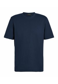 Granatowy bawełniany T-shirt z klasycznym okrągłym dekoltem, krótkimi rękawami i miękką fakturą. Prosty wzór bez żadnych wzorów ani ozdobników.