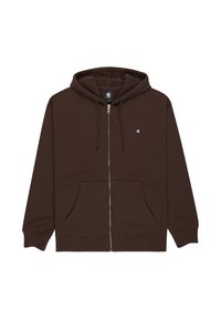 Bruine hoodie met rits, gemaakt van zachte stof, met een voorzak, trekkoordkap en een klein logo op de linkerborst.