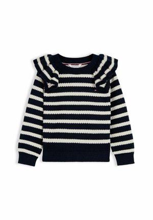 Langærmet sweater med navy- og hvide striber, med flæsedetaljer på skuldrene samt ribkant ved hals, ærmeafslutninger og kant.